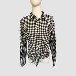 J.Crew Black White Gingham Button Down Shirt Women’s XL 100% Cotton Tie Front